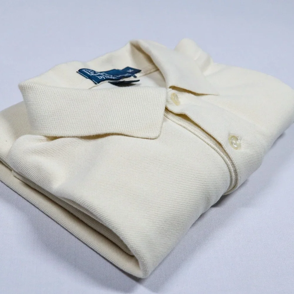 Polo Ralph Lauren Polo Shirt Mens M Cream Short Sleeve Green Pony Mesh Cotton